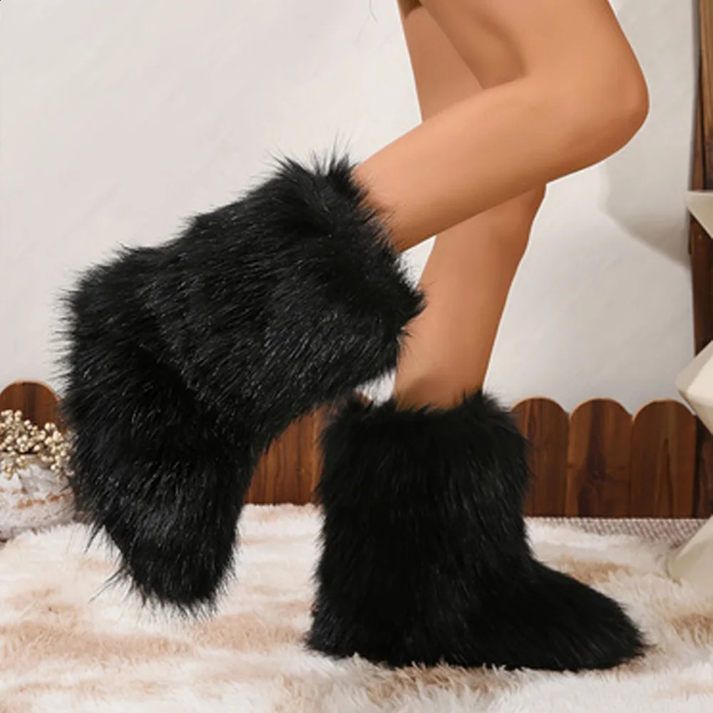 Womens winter fluffy faux fur mid calf snow boots Y2K fashionable warm womens shoes outdoor 240907