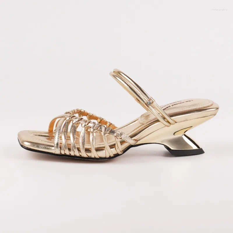 Dress Shoes Irregular 5.5cm Low Heel Outdoor Slippers European American Women's Summer Fashion Hollowed Out Glod Black Handmade Sandals