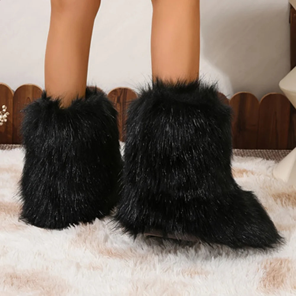 Womens winter fluffy faux fur mid calf snow boots Y2K fashionable warm womens shoes outdoor 240907