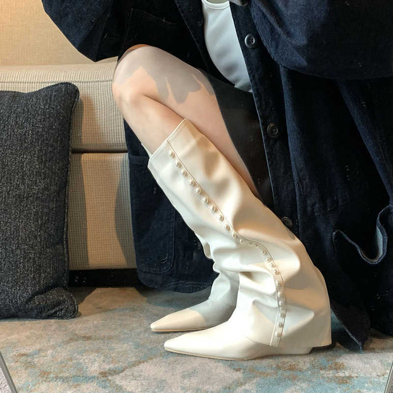 Shining Legs Thin White Martin Boots Mesh Fat Mm Pointed Fashion Boots Slope Heel High Knee Length Boots For Women 240826