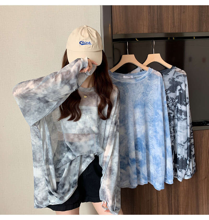 Mesh Sunscreen Clothing Summer New Leisure and Casual Printing Pullover Long sleeved Womens T-shirt Top Perspective