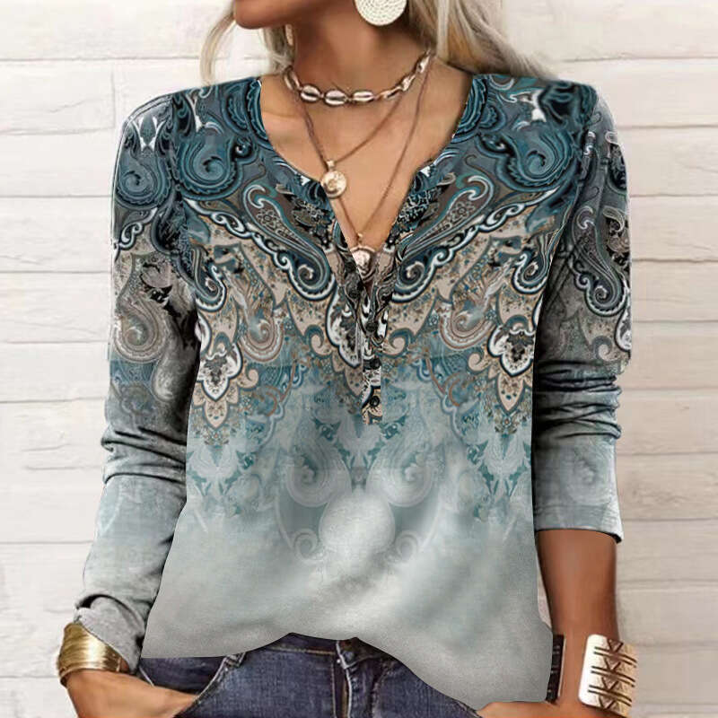 2024 Autumn and Winter New Womens Long Sleeve Printed Ethnic Fashion T-shirt Women