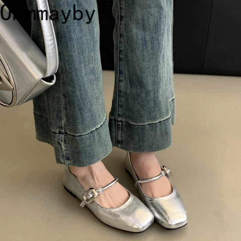 Silvery Women Mary Jane Shoes Fashion Shallow Retro Style Leather Ladies Comfort Soft Sole Flats Graany Footwear 240903
