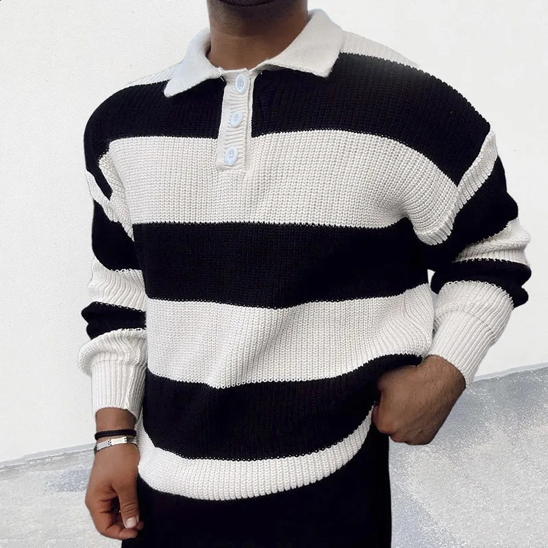 Mens Fashion Striped Button Polo Collar Long Sleeve Pullover Knitted Sweater Mens Casual Slim Fit Sweater Top 240906