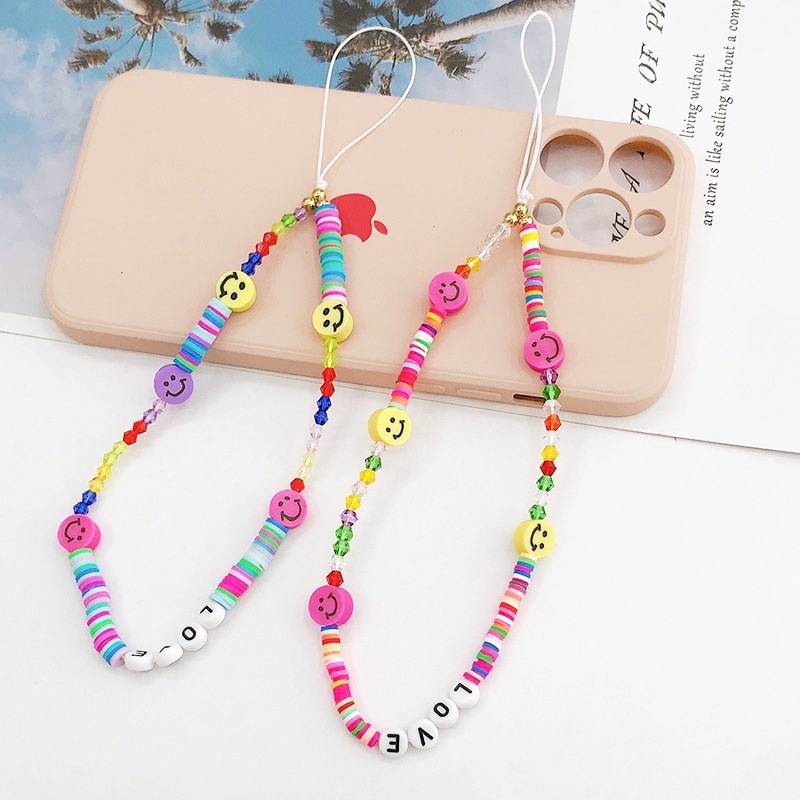 Yilian New Soft Ceramic Smiling Face Rope LOVE Letter Beaded Chain Phone Case Anti Drop Hanging Decoration Pendant