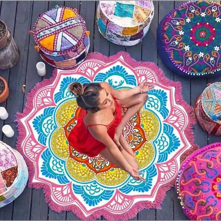 Yoga Mat Chakra Beach Towel Tassel Toalla Mandala Tapestry Sunblock Round Covering Bath Towel Lotus Bohemia 150cm W240906