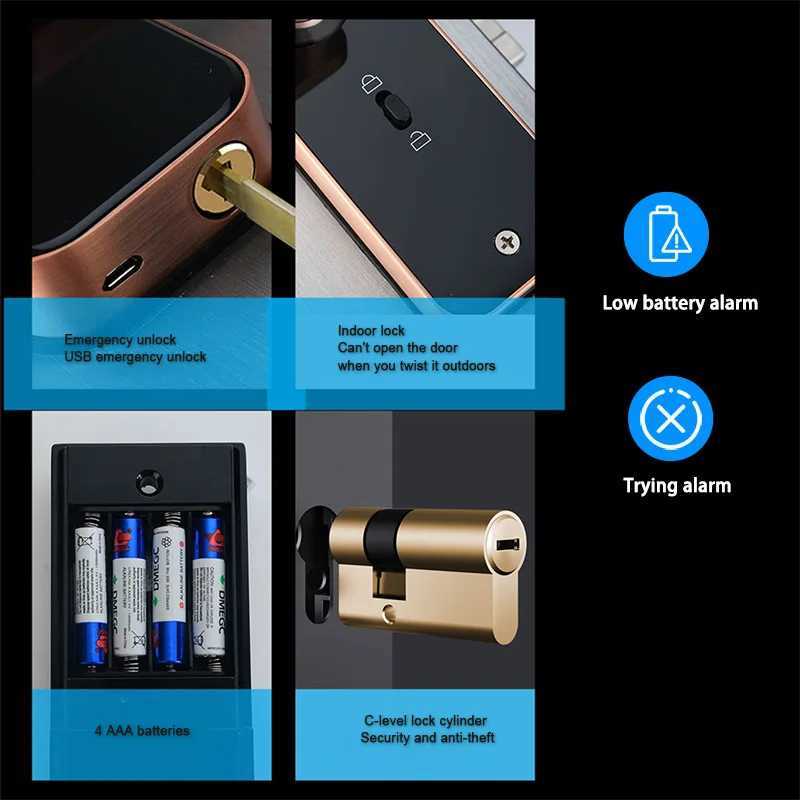 Electronic smart door lock with biometric fingerprint/smart card/password/key unlock/USB emergency charging CL240920