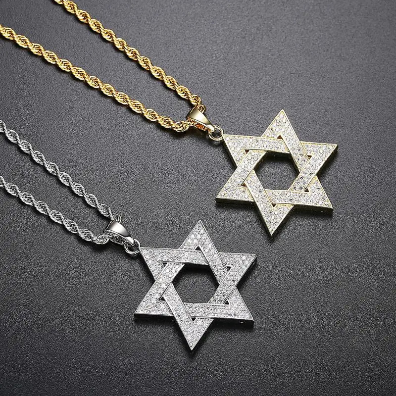 Hip hop mens gold gold-plated jewelry micro spread ice out Cz stone star David pendant hexagonal Israeli Jewish necklace 240906