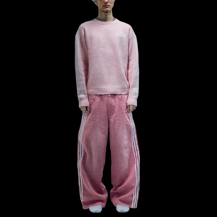 Korean Trend Kawaii Pink Stripe Embroidered Luggage Jeans Womens Y2K Harajuku Hip Hop Gothic Street High Waist Wide Trouser 240904