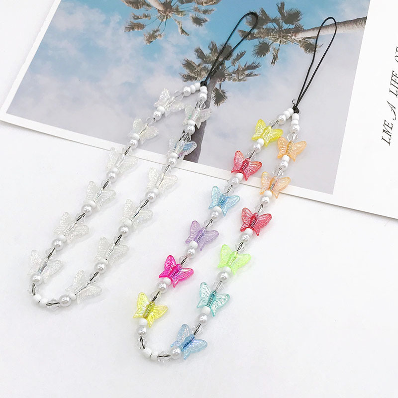Yilian's new imitation pearl chain, colorful butterfly anti loss key rope, phone case accessories, hanging ornaments, female accessories