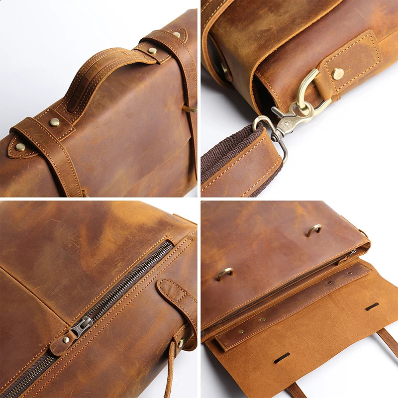 Leathfocus vintage leather briefcase fashion n mens New lightweight horizontal bag handbag 15 inch notebook 240906