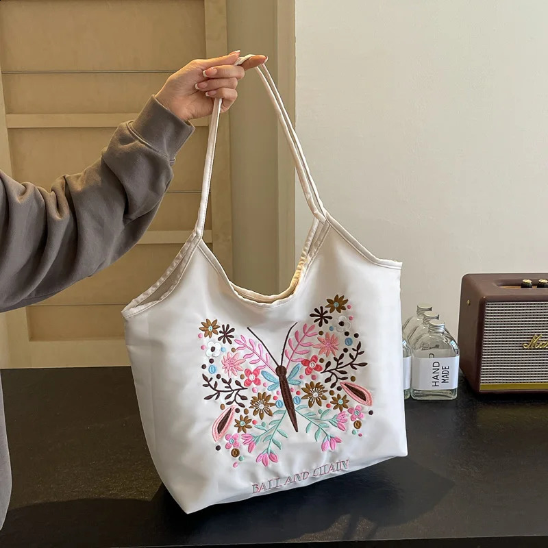 2024 Summer Fashionable Embroidered Shopping Bag Butterfly Style Single Shoulder Crossbody Handbag with Large Capacity 240906