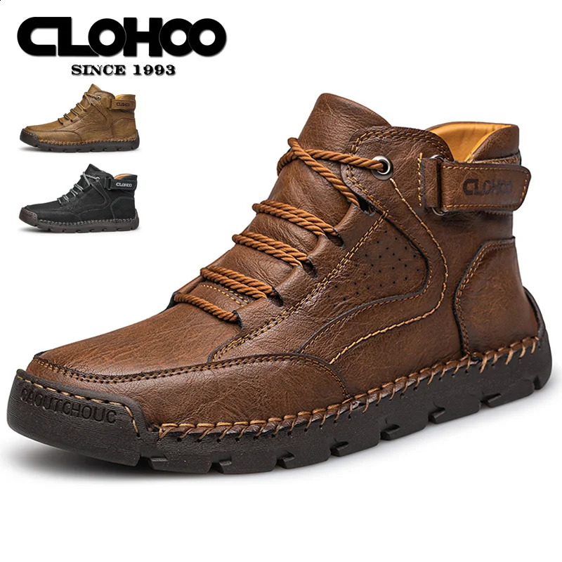 CLOHOO mens PU leather hiking shoes outdoor non slip walking winter sports ankle boots soft sole lace up platform 240907