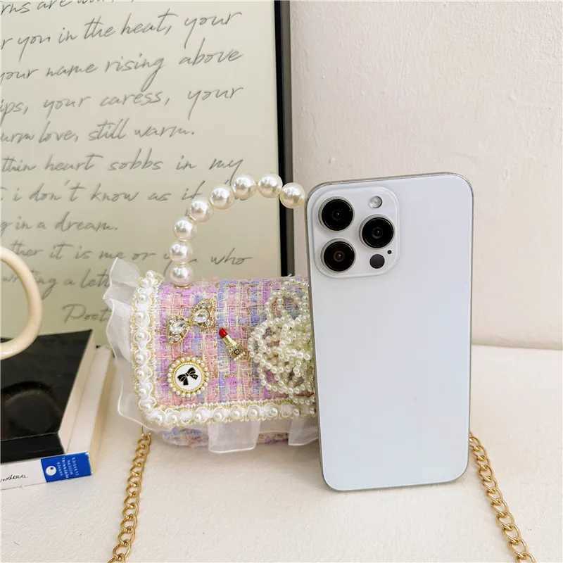 Novice Bag Mini Purse Lattice Girls Bag Wool Bag for Childrens Pink Girls Purses and Pearl Handheld Shoulder Bag W240906