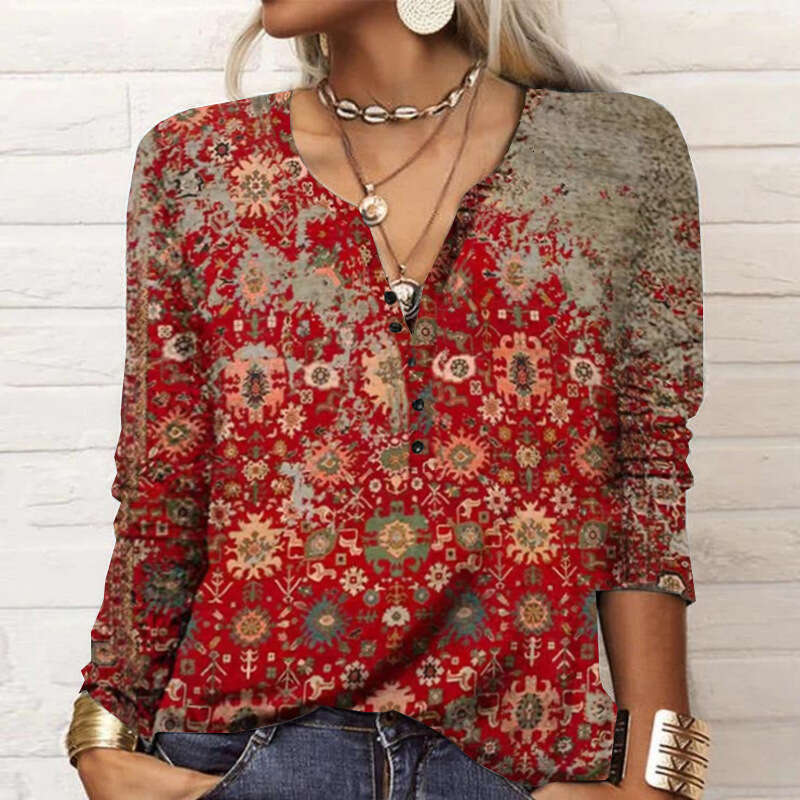 2024 Autumn and Winter New Womens Long Sleeve Printed Ethnic Fashion T-shirt Women