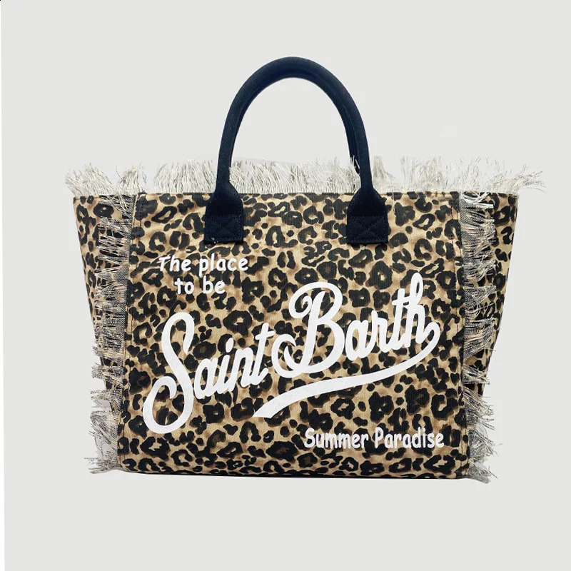 Leopard Pattern Large Capacity Canvas Tassel Handbag Womens Summer Zipper Shoulder Bag 240904