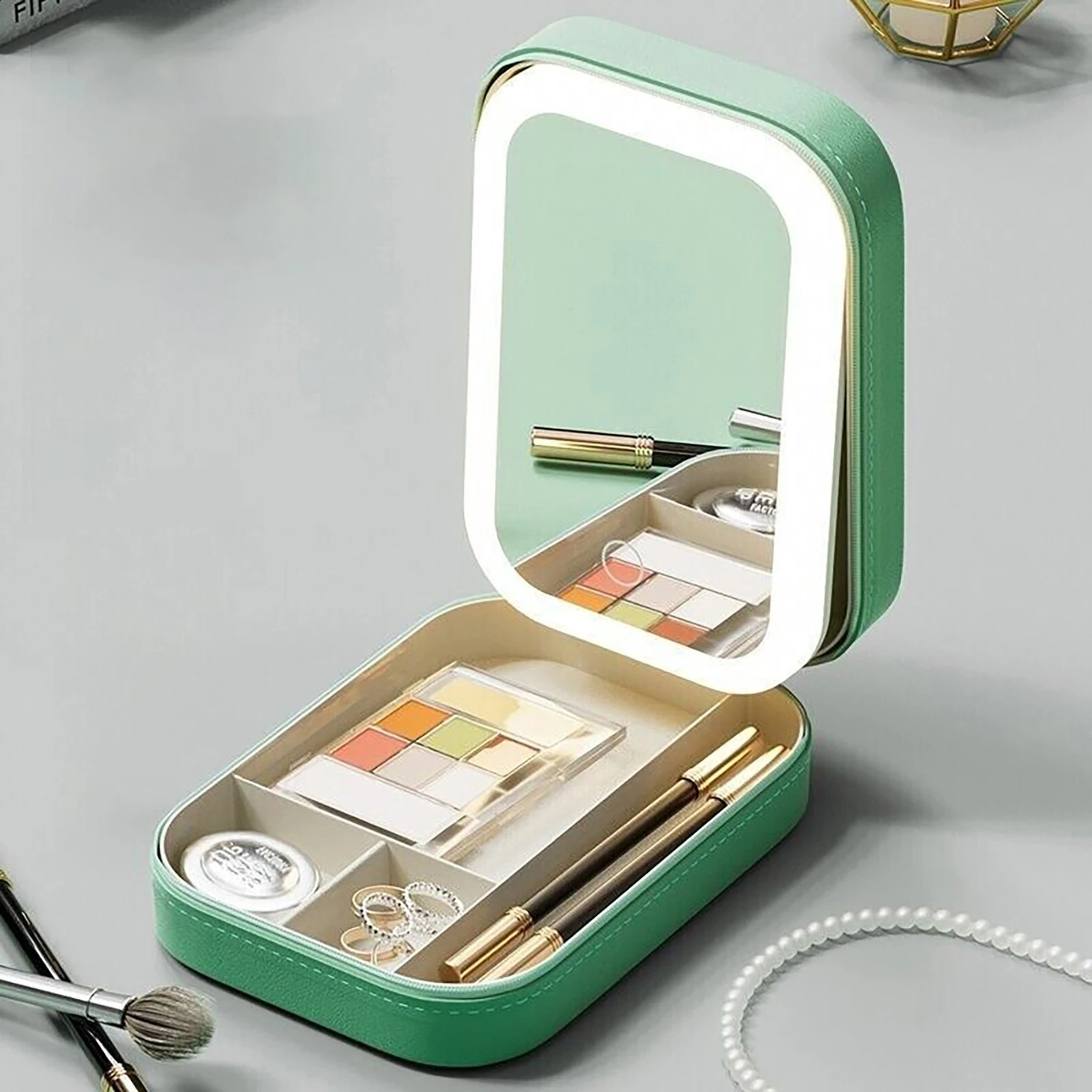 Makeup Mirror With Light usb charging Cosmetic Bag LED Mirror Travel Makeup Storage Bag case Travel make up Organizer 240905