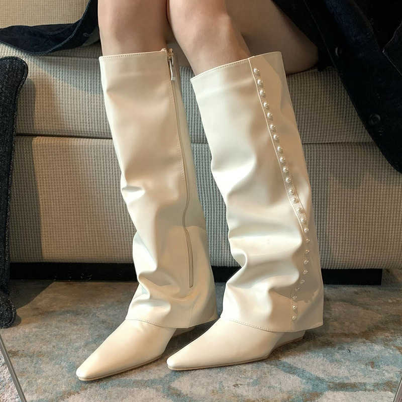 Shining Legs Thin White Martin Boots Mesh Fat Mm Pointed Fashion Boots Slope Heel High Knee Length Boots For Women 240826