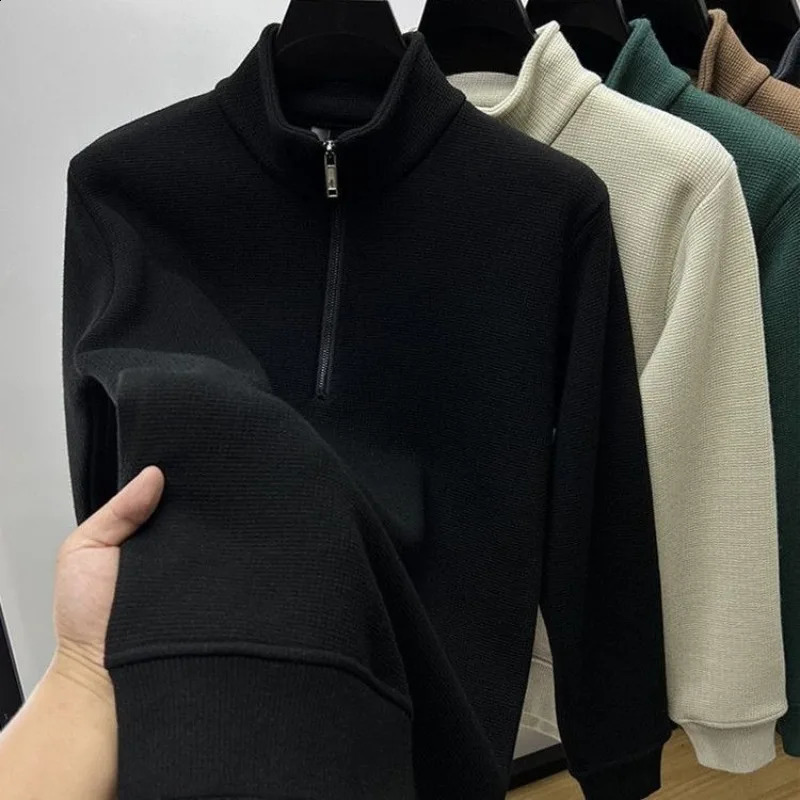 Men Clothing Mens Sweatshirt Stand Neck Half Zip Thicker Waffle Cotton Highquality Hoodie Autumn Winter Basic Tops Pullover 24