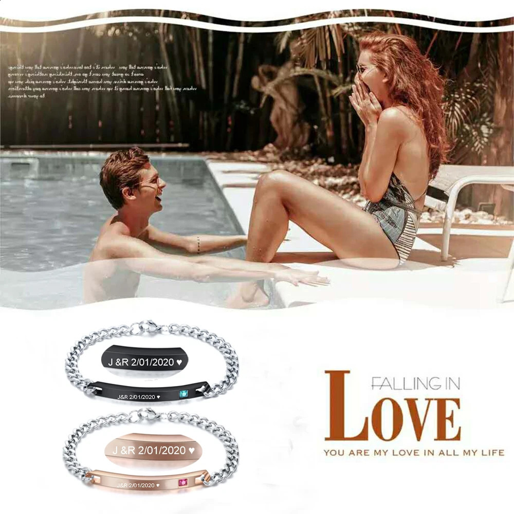 Personalized Customized Couple Name Couple Bracelet Mens Gift Jewelry Stainless Steel Adjustable Chain Puzzle Bracelet 240904