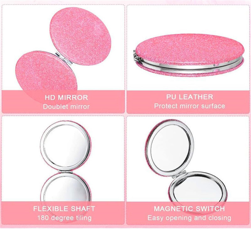 Cute Pink Compact Small Magnifying Travel With Glitter,portable 2 X 1x Magnification Folding Pocket Makeup Cosmetic Mirror Round Rectangle Espejo Cosm