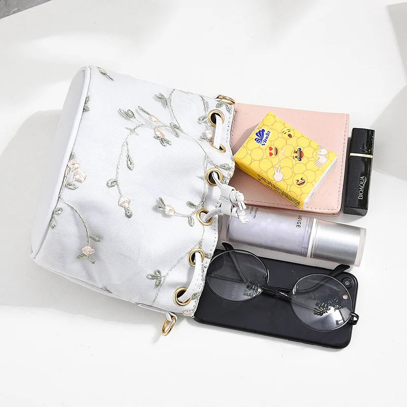 Bohemian style canvas drawstring bucket bag pearl shoulder bag womens messenger bag 240904