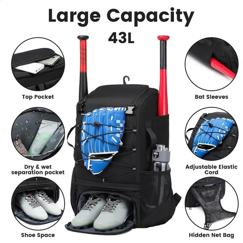 Large capacity soft holding helmet 2 tee baseball bat hitting gloves outdoor exercise camping bag sports organizer 240920CJ