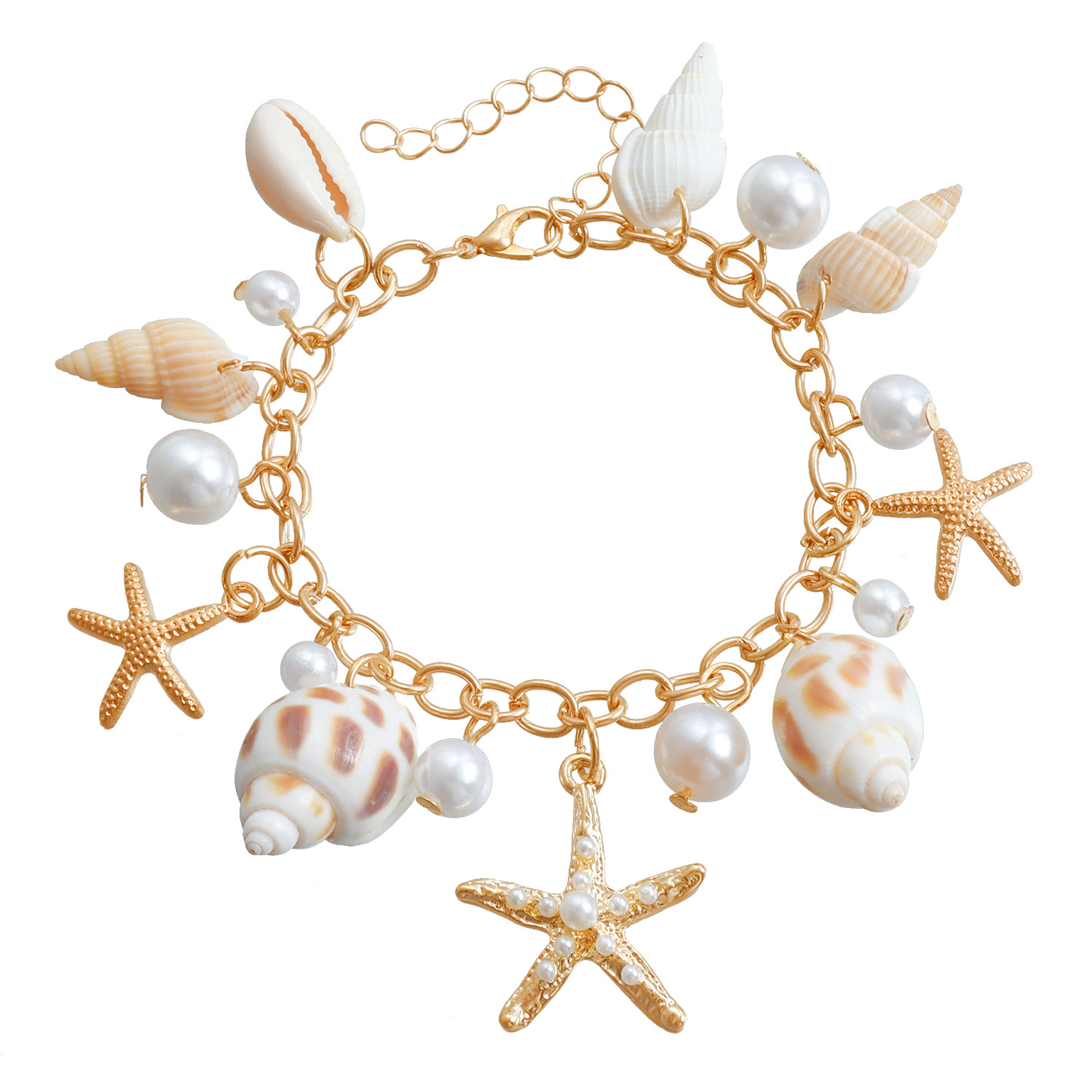 Fashion Beach Charm Bracelets Starfish Sea Shell Pearl Bracelet Gold Plated Zinc Alloy Chain Link Jewelry Party Birthday Travel Gifts Novelty