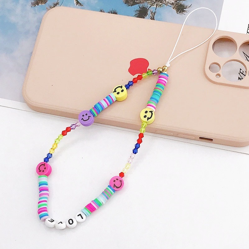 Yilian New Soft Ceramic Smiling Face Rope LOVE Letter Beaded Chain Phone Case Anti Drop Hanging Decoration Pendant