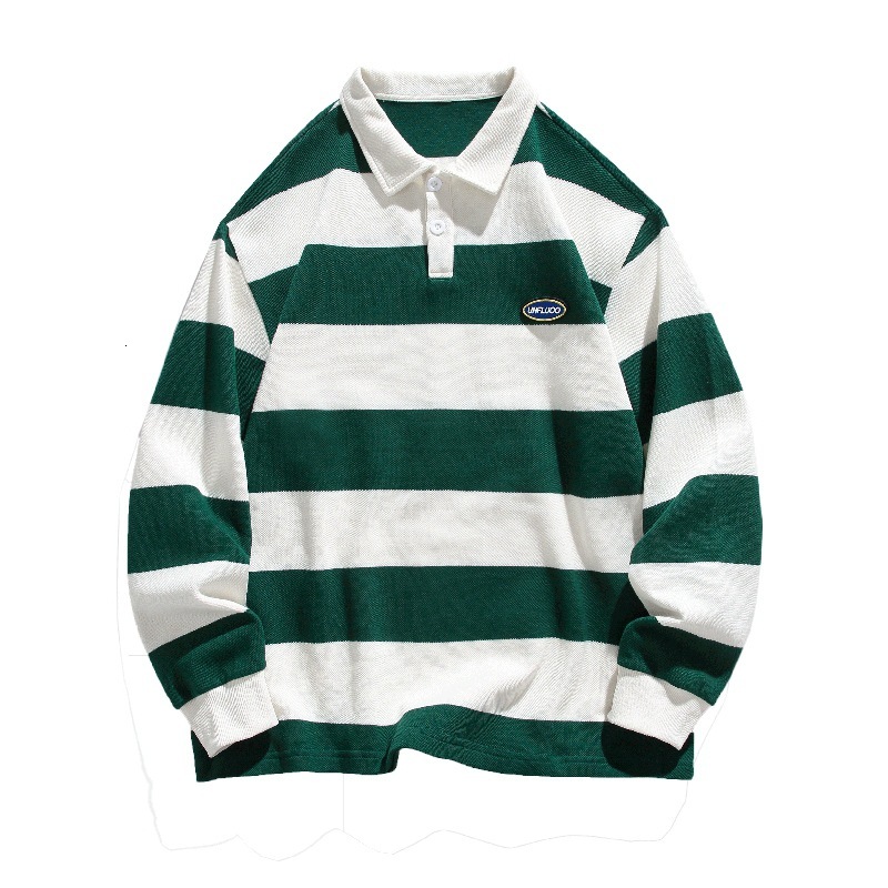 Men Striped Print Letter Patched Polo Neck Sweatshirt