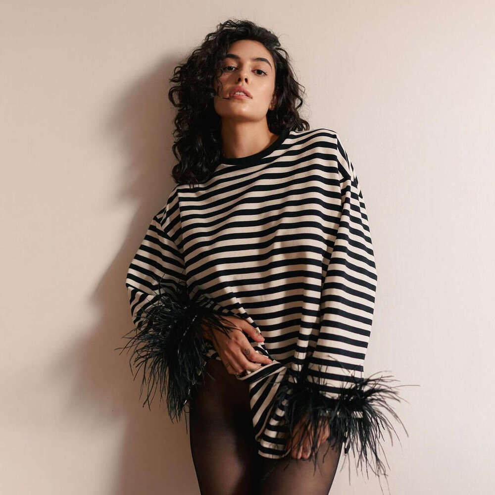 2024 new black white striped round neck sweater niche ostrich fur loose sexy pullover knitted top for autumn and winter