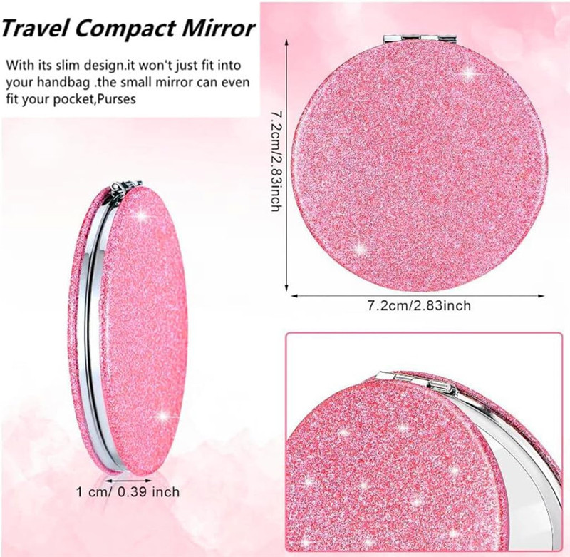 Cute Pink Compact Small Magnifying Travel With Glitter,portable 2 X 1x Magnification Folding Pocket Makeup Cosmetic Mirror Round Rectangle Espejo Cosm