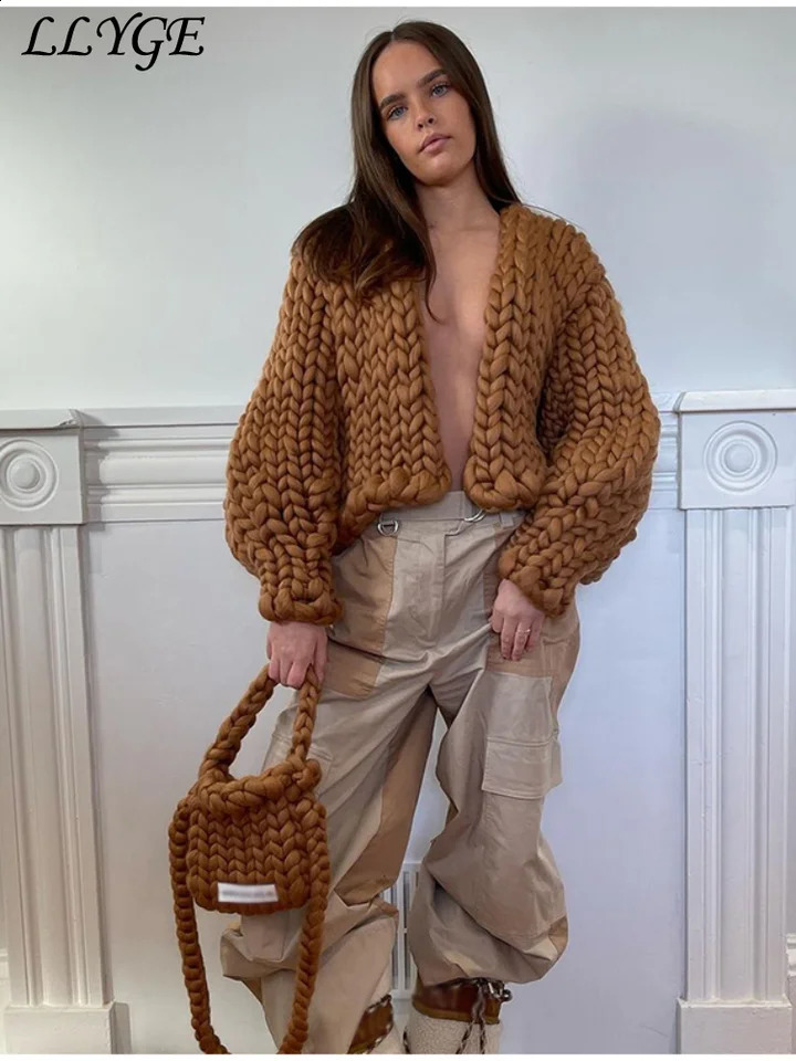Loose Solid Knitted Cardigan Women Lazy V Neck Long Lantern Sleeves Female Sweater 2024 Autumn Lady Y2k High Street Knitwear 240907
