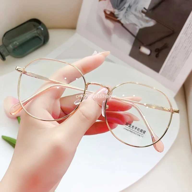 Womens fashionable retro metal glasses with anti blue light flat glasses Korean version large frame glasses W240906