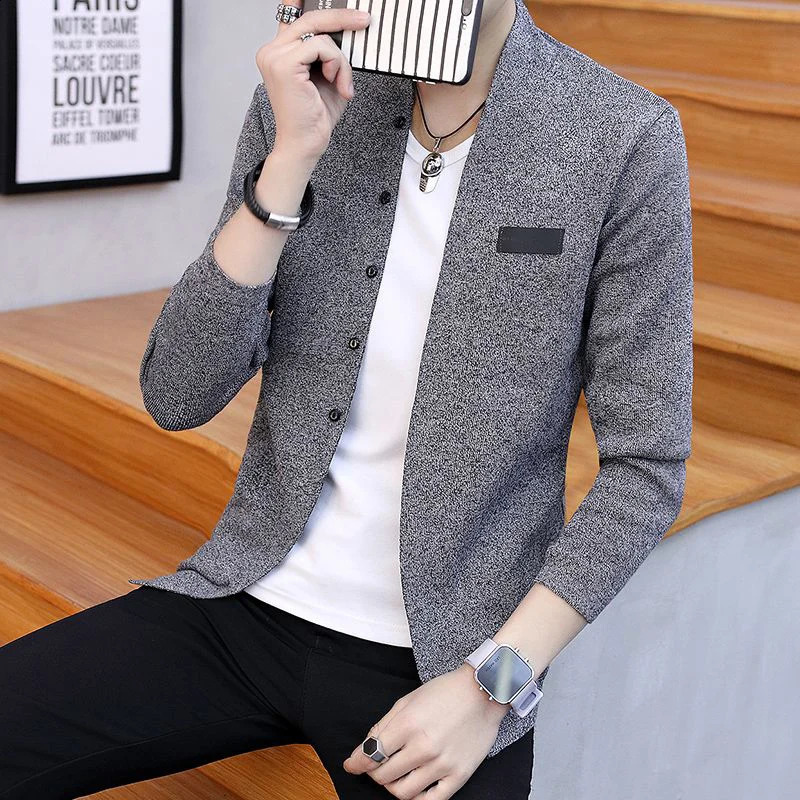 Autumn and Winter Mens Korean Fashion Solid Color Knitted Jacket Button Ultra Thin Open Sweater Top 240906