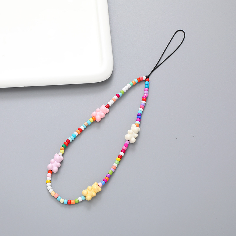 Beaded chain candy colored teddy bear bow mobile phone case hanging ornament anti fall hand rope for women