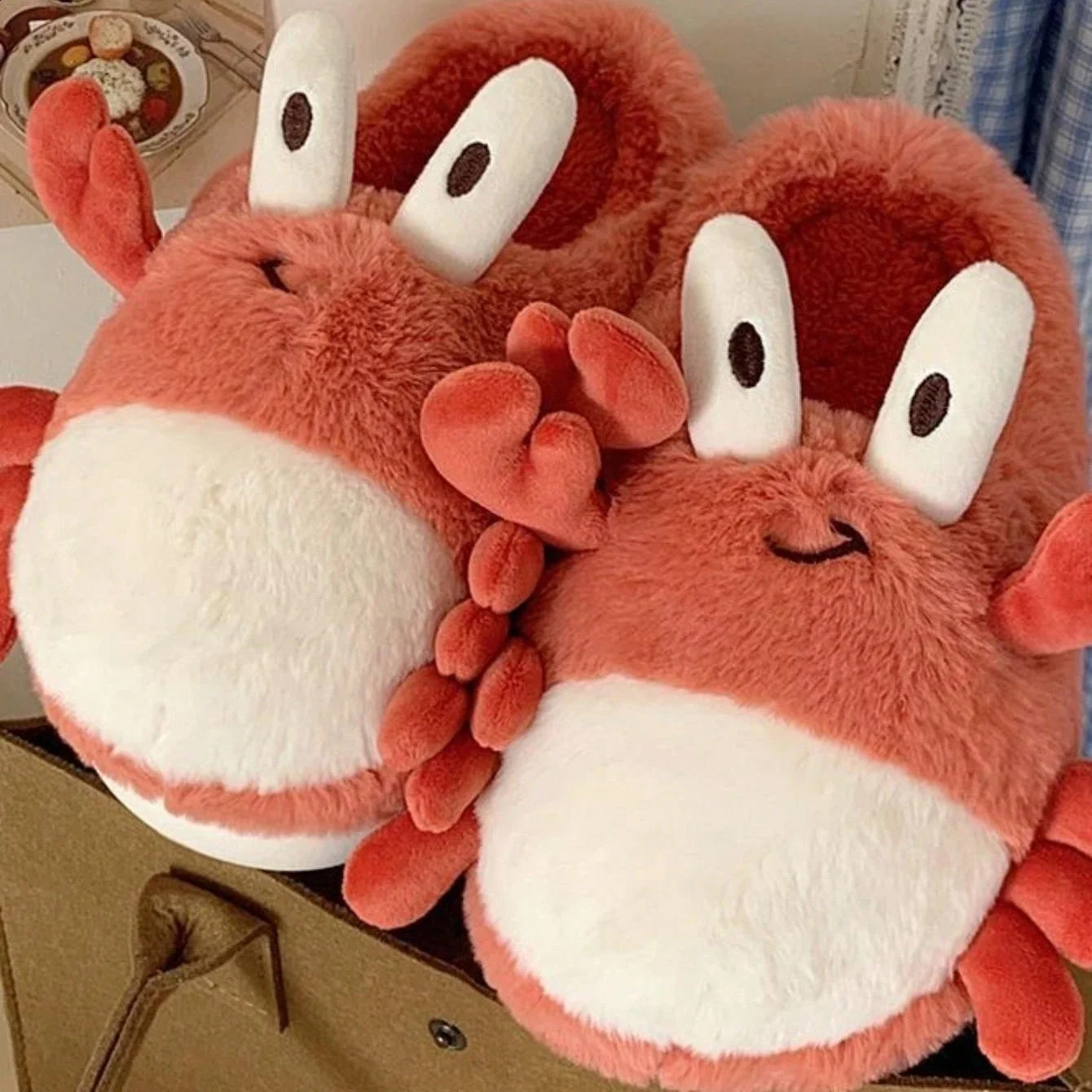 Cute Crab Winter Women Slipper Soft Heel Platform Fur Warm Indoor Comfortable Home Fluffy Home Slippers 240904