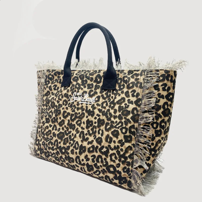 Leopard Pattern Large Capacity Canvas Tassel Handbag Womens Summer Zipper Shoulder Bag 240904