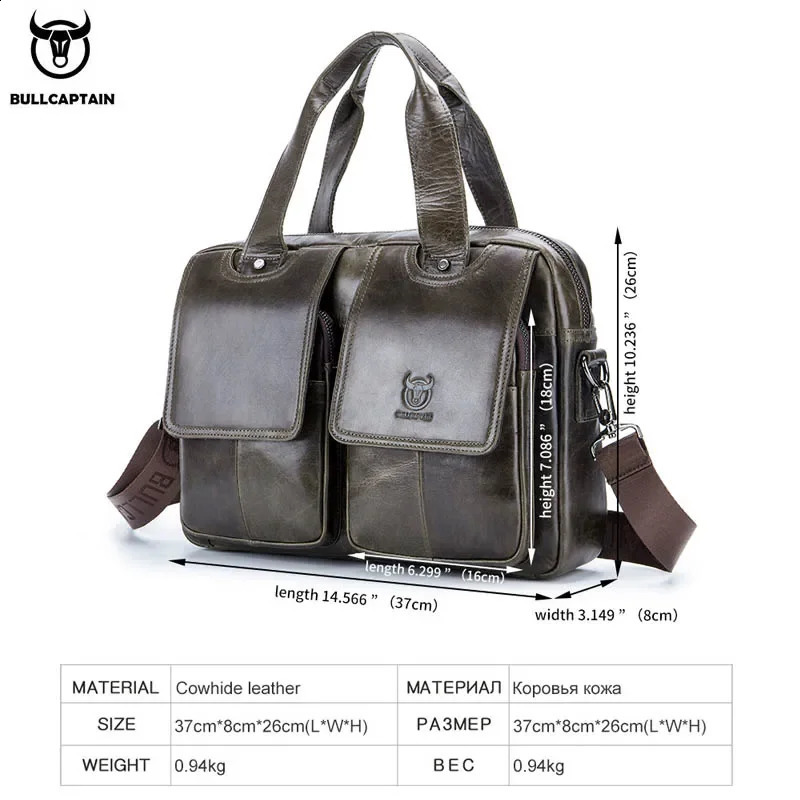 Bullcaptain mens genuine leather briefcase 14 inch laptop case casual shoulder messenger bag handbag work office 042 240906