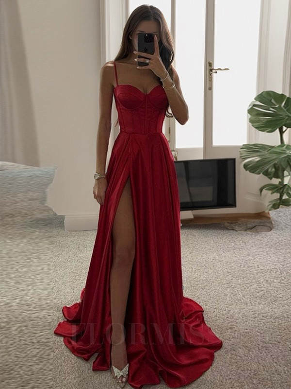 Sexy Spaghetti Straps Red Prom Dress Satin Sleeveless Side Split Evening Dresses Long Weddings Reception Gown Vestidos de Noiva Custom Made