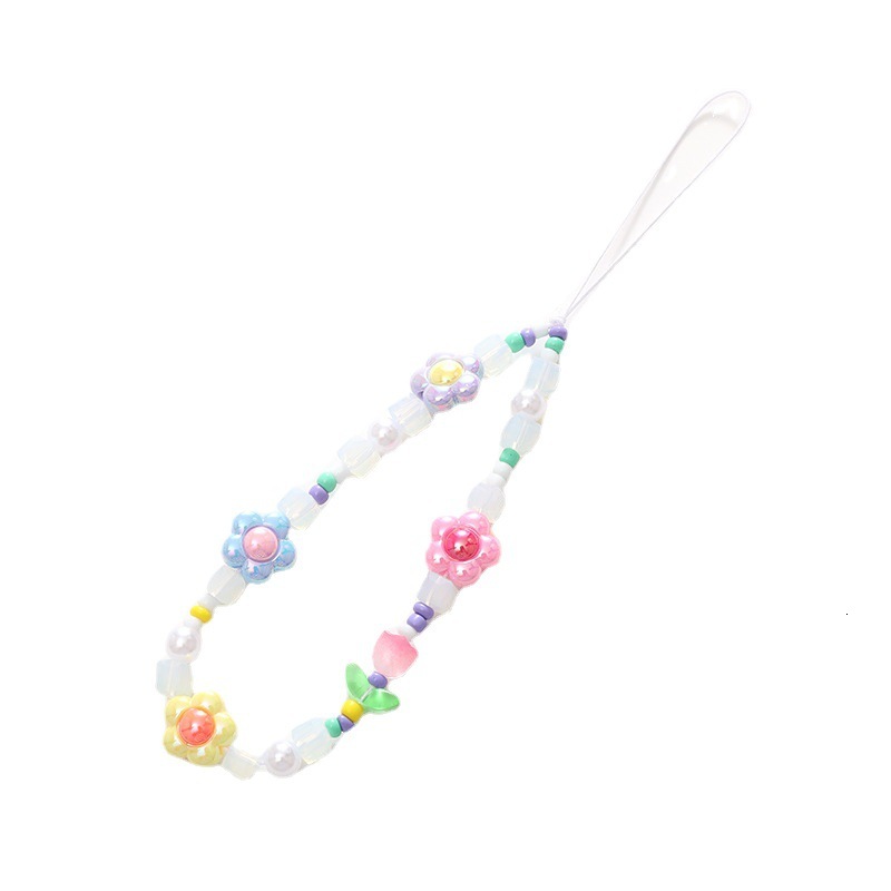 Korean version of early spring pink tulip flower girls, bead chain mobile phone case hanging ornament for girls