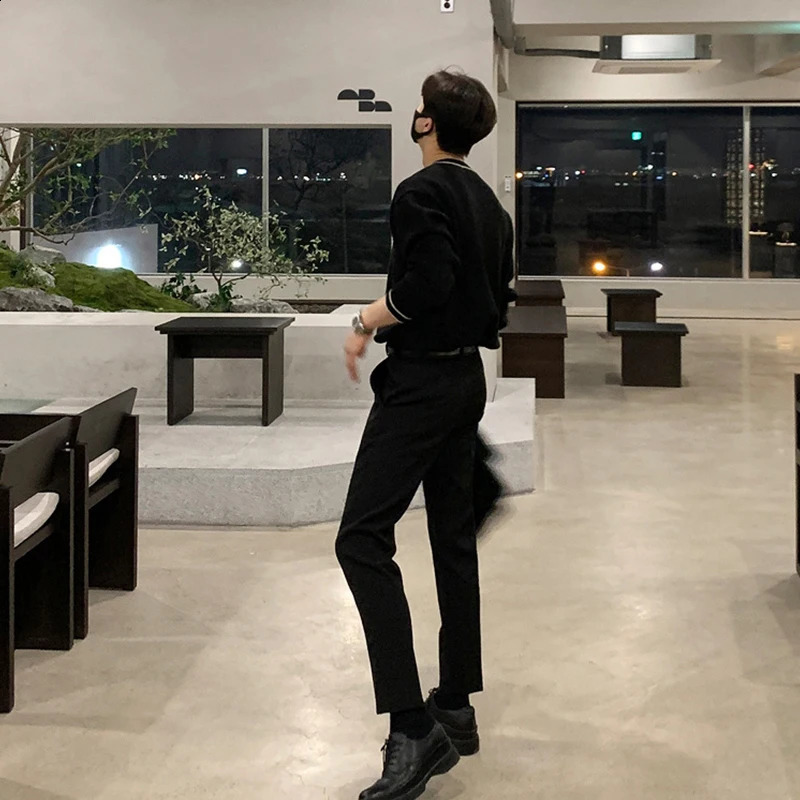 Mens y knitted cardigan wool sweater solid color long sleeved casual streetwear patch work button down retro 240906