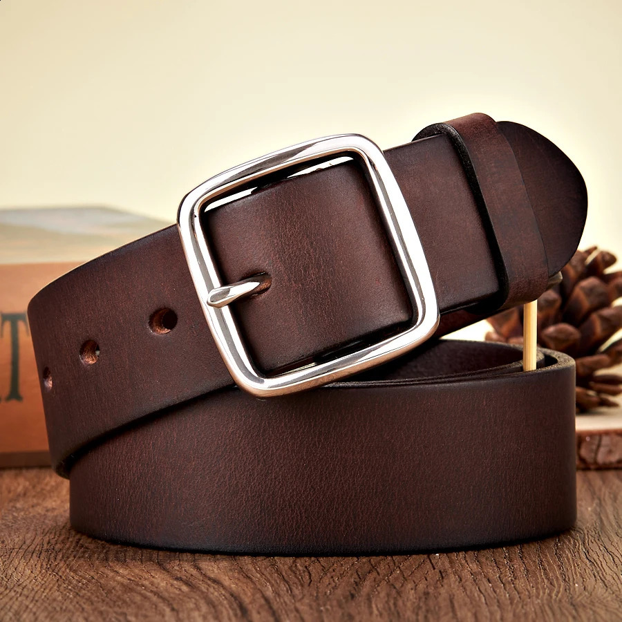 3.8CM Men Anti Allergy Stainless Steel Buckle Belt Vintage Cowskin Thick Real Genuine Leather Belt Male Cowhide Retro Jeans Belt 240906