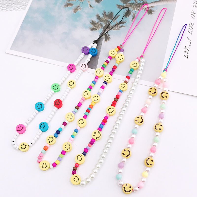 Yilian's new soft ceramic chain DIY case accessories Glass rice beads smiley face phone rope