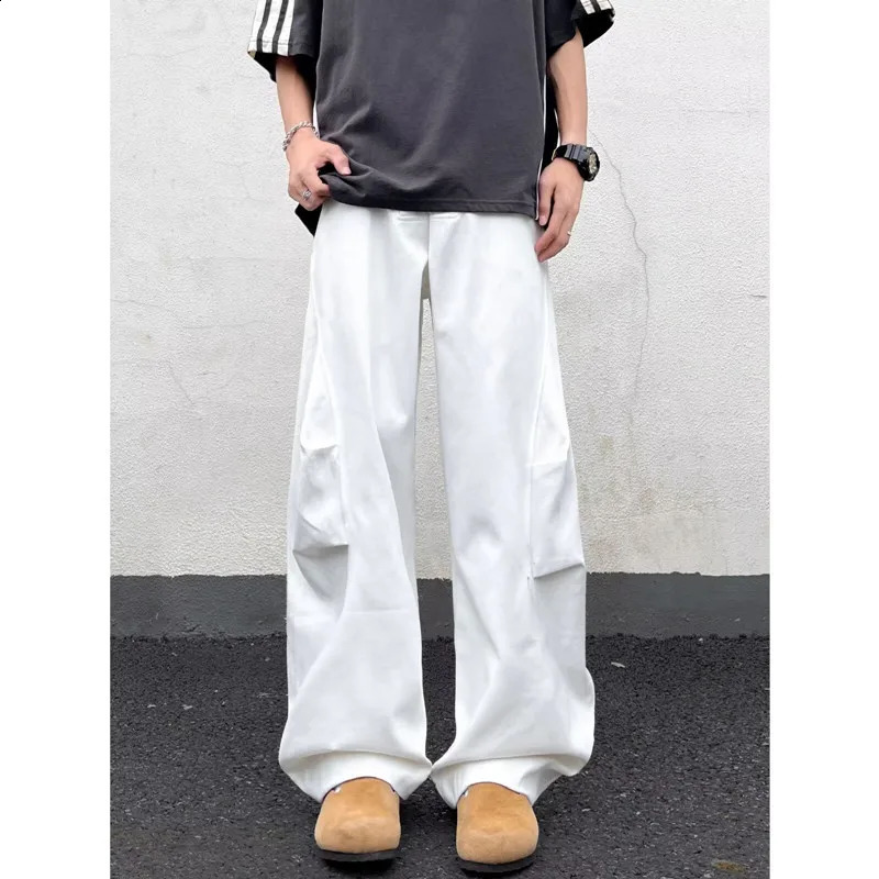 2024 Pantalon Y2K Fashion Pleated White Baggy Jeans Pants For Men Clothes Straight Wide Leg Casual Long Trousers 240826