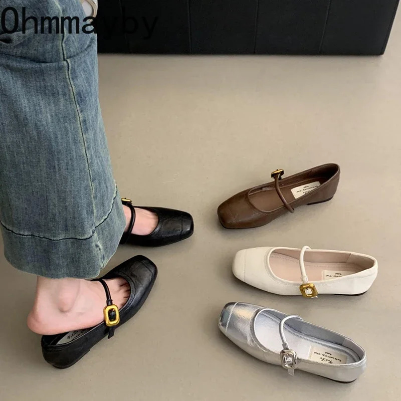 Silvery Women Mary Jane Shoes Fashion Shallow Retro Style Leather Ladies Comfort Soft Sole Flats Graany Footwear 240903