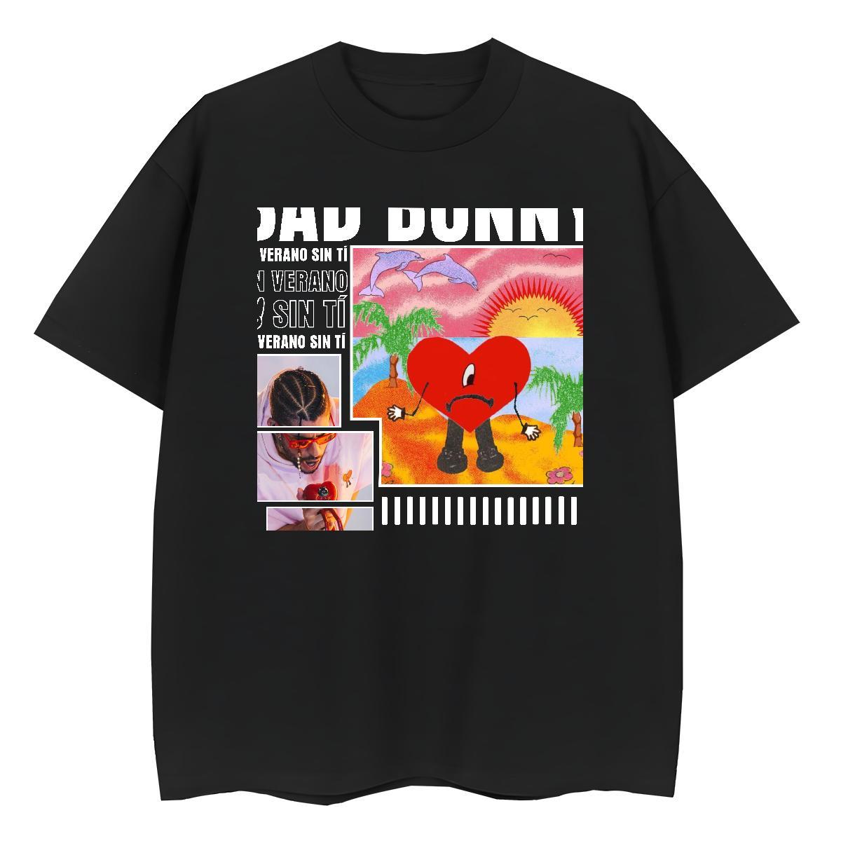 New Arrival Woman T Shirts 230g 100% Cotton Crew Neck Beach BAD BUNNY Lady T shirt Loose fit Black White Tops Tees