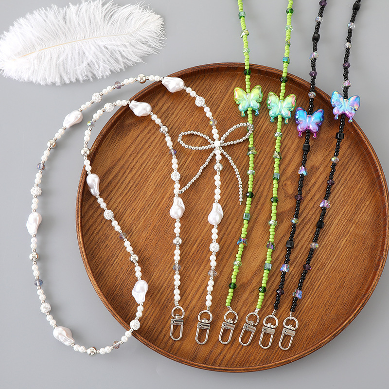 Korean ins new acrylic bow bead crossbody trendy versatile mobile phone lanyard bag chain jewelry