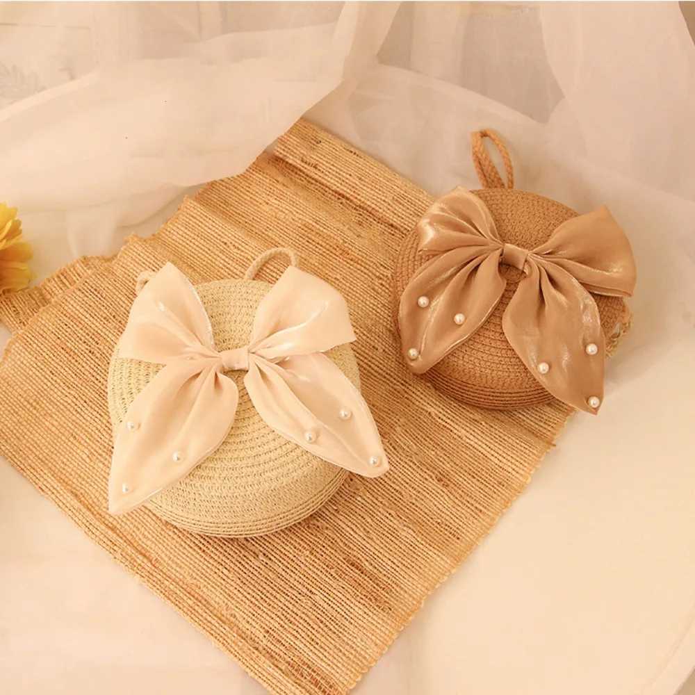 3-Color Preschool Girl Straw Cross Bag Cute Pearl Bow Round Shoulder Bag Mini Coin Wallet W240906