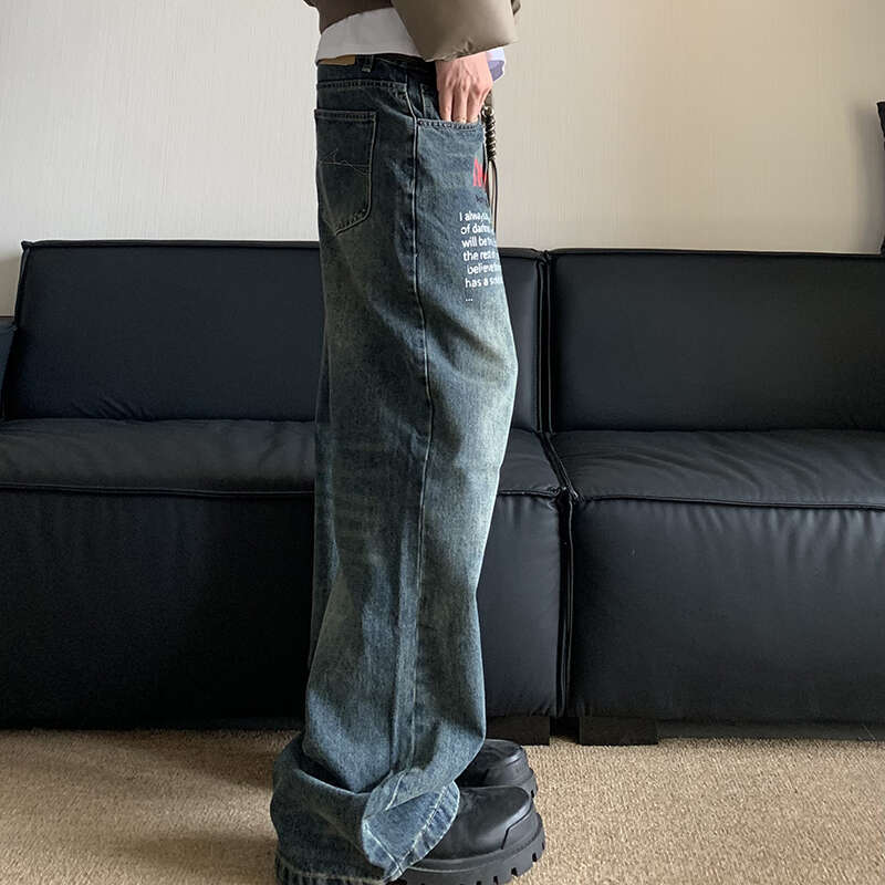American Washed Niche Printed Men's Jeans Trendy Loose Designer Straight Leg Pants 2024 Letter Design Male Trousers